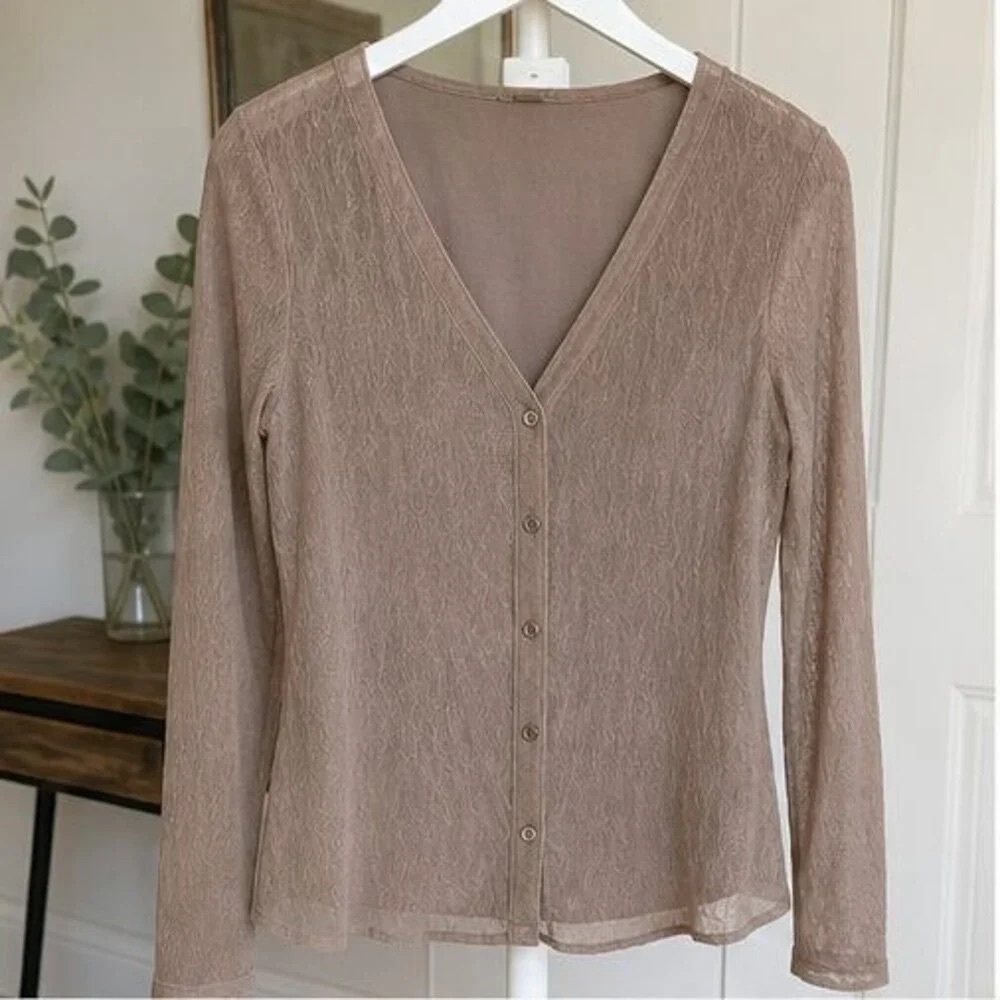 Classic Sheer V-Neck Button-Front Top in Taupe